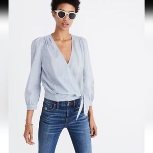 Madewell Wrap Top in Indigo Stripe, Size XS